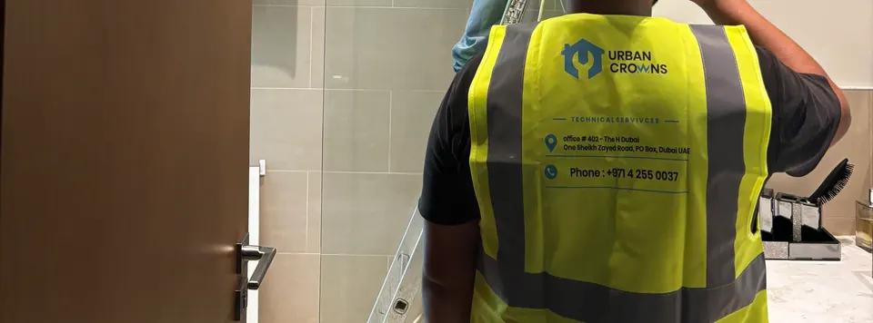 Urban Crown technician in a branded hi-vis vest on an extractor hood job
